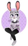  2019 anthro barefoot cheek_tuft clothed clothing dipstick_ears disney earbuds facial_tuft female fully_clothed fur grey_body grey_fur headphones hi_res judy_hopps lagomorph leporid mammal multicolored_ears open_mouth open_smile pink_nose rabbit simple_background sitting smile solo tuft wildepoison zootopia 