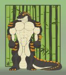  2020 abs absurd_res anthro black_body claws crocodile crocodilian crocodylid detailed_background gradient_background green_background hi_res long_tail looking_aside male markings muscular orange_claws reptile scalie signature simple_background solo standing styx_(wolfarion) thick_tail white_body wolfarion yellow_eyes 
