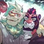  2017 anthro arm_around_shoulders beard biped black_hair black_markings blurred_background catsudon cheek_tuft chest_tuft claws clothed clothing day detailed_background digital_drawing_(artwork) digital_media_(artwork) duo embrace eyebrows eyewear facial_hair facial_piercing facial_tuft fangs felid fence fingers front_view fur fur_markings glasses green_body green_eyes green_fur green_mane grey_claws grey_text hair half-closed_eyes head_tuft hug leon_pan_(catsudon) lion looking_at_another male mammal mane markings multicolored_body multicolored_fur multicolored_hair muscular muscular_male narrowed_eyes nose_piercing one_eye_closed orange_body orange_fur outside pantherine pecs piercing red_body red_eyes red_fur selfie shirt smile standing stop_sign tan_body tan_fur teeth tiger topwear tree tuft watermark white_clothing white_topwear yakitora_(catsudon) 