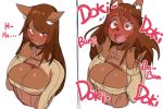  angel_(lightsource) anthro big_breasts blush breasts brown_body brown_eyes brown_fur brown_hair canid canine canis cleavage cleavage_cutout clothed clothing comic dialogue domestic_dog embarrassed excited female fur hair heartbeat high-angle_view inner_ear_fluff kemono keyhole_turtleneck lightsource mammal open_mouth simple_background solo spiral_eyes suggestive sweater text topwear tuft white_background 