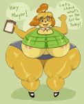  absurd_res animal_crossing anthro areola areola_slip big_breasts big_butt blush blush_stickers bottomwear breasts butt canid canine canis clothed clothing domestic_dog english_text female fur hair hi_res huge_breasts huge_butt huge_hips huge_thighs hyper hyper_breasts hyper_butt hyper_hips hyper_thighs ineffective_clothing isabelle_(animal_crossing) mammal midriff nintendo obese open_mouth open_smile overweight shih_tzu skimpy skirt smile solo text thick_thighs topwear toy_dog under_boob unknown_artist video_games wide_hips yellow_body 
