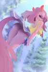  2020 absurd_res angry anthro anthrofied big_breasts blue_eyes blue_sky blurred_background blush bottomwear breasts butt clenched_teeth clothed clothing cutie_mark dock ears_back equid equine exposed female friendship_is_magic fur hair hi_res horse long_hair looking_back low-angle_view mammal my_little_pony no_underwear outside pink_body pink_fur pink_hair pinkie_pie_(mlp) pivoted_ears pony rear_view shirt signature skirt sky solo spaboofy tank_top teeth topwear tree upskirt wind 