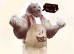  2020 anthro apron brown_body brown_fur clothing english_text eyes_closed food fur hi_res humanoid_hands mammal pbnjr014 shirt simple_background slightly_chubby solo text topwear ursid 