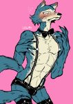  2020 abs anthro beastars belly black_claws blush bottomwear bow_tie canid canine canis claws clothing countershading fur grey_body grey_fur legoshi_(beastars) looking_at_viewer louie_(pixiv) male mammal muscular muscular_male pink_background shorts simple_background solo suspenders tan_belly wolf 