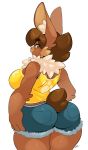  2020 alpha_channel anthro big_breasts big_butt breasts brown_body brown_eyes brown_fur brown_hair butt butt_pose chalo clothed clothing female fur hair lagomorph leporid looking_back mammal pose rabbit signature simple_background solo standing transparent_background 