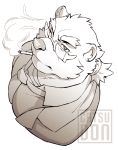  2017 anthro biped bust_portrait catsudon cheek_tuft cigarette clothed clothing digital_drawing_(artwork) digital_media_(artwork) eyewear facial_tuft fur glasses grey_text greyscale hair half-closed_eyes head_tuft high-angle_view inner_ear_fluff leib_(tas) looking_at_viewer male mammal monochrome narrowed_eyes necktie ponytail portrait shirt side_view simple_background smoke smoking solo standing tokyo_afterschool_summoners topwear tuft ursid video_games watermark white_background 