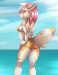  5_fingers anthro bikini canid canine canis clothing day detailed_background domestic_dog female fingers hair hi_res mammal outside pink_eyes pink_hair piranha_fish sky smile solo swimwear 