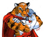  2007 anthro armor cape claws clothed clothing eyebrows felid fur grin inner_ear_fluff looking_at_viewer low_res male mammal muscular muscular_male pantherine signature simple_background smile solo striped_body striped_fur stripes tiger traditional_media_(artwork) tuft white_background yellow_eyes zillford 