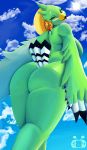  absurd_res amali_(tloz) anthro avian big_butt breath_of_the_wild butt detailed_background feathers female hi_res inb4rule34 looking_at_viewer low-angle_view nintendo rito sky solo sun tail_feathers the_legend_of_zelda thick_thighs video_games wings 