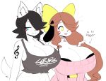  2020 :3 accessory anthro big_breasts black_hair blue_eyes blush blush_stickers breast_size_difference breasts brown_hair canid canine canis cleavage clothed clothing daughter domestic_dog duo ear_piercing english_text fangs female hair hair_accessory hair_bow hair_over_eye hair_ribbon holly_applebee huge_breasts inner_ear_fluff long_hair maggie_applebee mammal mother mother_and_child mother_and_daughter one_eye_obstructed open_mouth open_smile parent parent_and_child piercing ribbons shirt short_hair simple_background smile sweater tank_top tattoo text theycallhimcake topwear tuft white_background yellow_eyes 