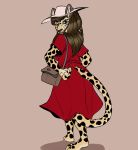  2020 anthro brown_hair butt_pose cheetah clothed clothing dress felid feline female fur hair hi_res mammal pose purse red_clothing red_dress smile solo solo_focus spots spotted_body spotted_fur sun_hat trashtikko 