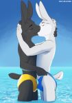  2020 absurd_res anthro anthro_on_anthro blue_clothing blue_swimwear blush bulge bulge_frottage clear_sky clothed clothing duo eyes_closed frottage fur grey_body grey_fur hand_on_head hi_res hug kissing lagomorph leporid light_fur male male/male mammal partially_submerged rabbit sea sex shiuk slim speedo swimsuit_pull swimwear text topless underwear underwear_pull url water white_body white_fur yellow_clothing yellow_swimwear 