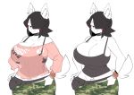  2020 anthro big_breasts black_hair blue_eyes blush blush_stickers bottomwear breasts camo camo_pants camo_print canid canine canis cleavage clothed clothing domestic_dog ear_piercing female hair hair_over_eye hi_res huge_breasts inner_ear_fluff looking_at_viewer maggie_applebee mammal nipple_outline one_eye_obstructed pants piercing shirt short_hair simple_background smile solo sweater tank_top theycallhimcake topwear tuft white_background 