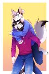  5_fingers anthro black_hair black_nose canid canine canis clothed clothing domestic_cat duo felid feline felis fingers grey_hair hair hi_res hihikori male mammal smile wolf yellow_eyes 