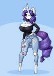  2020 anthro balls_outline blue_eyes bottomwear breasts bulge clothed clothing digital_media_(artwork) equid friendship_is_magic genital_outline gynomorph hair hand_on_hip hi_res horn intersex jeans limebreaker looking_at_viewer mammal my_little_pony pants penis_outline purple_hair rarity_(mlp) solo topwear torn_clothing unicorn 