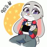  &lt;3 2019 anthro cheek_tuft choker clothed clothing disney ears_down facial_tuft flat_chested fully_clothed fur grey_body grey_fur halter_top hi_res jacket jewelry judy_hopps lagomorph leporid mammal midriff necklace pendant pink_nose pivoted_ears purple_eyes rabbit scut_tail simple_background smile solo topwear tuft wildepoison zootopia 