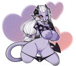  big_breasts black_clothing black_underwear blush breasts clothing curvy_figure demon demon_humanoid female genitals hair half-closed_eyes heart_pupil hi_res horn humanoid long_tail mostly_nude narrowed_eyes navel not_furry one_eye_closed open_mouth pointy_tail ponytail purple_body purple_pussy purple_skin pussy simple_background solo tehbuttercookie underwear undressing white_hair yellow_eyes 