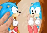  2020 anthro black_eyes blep blue_body blue_fur classic_sonic classic_sonic_(universe) clothing duo eulipotyphlan footwear fur gloves handwear hedgehog holding_character human male mammal micro_in_hand mirror rechicken-and-waffles reflection shoes solo_focus sonic_the_hedgehog sonic_the_hedgehog_(series) tongue tongue_out 