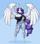  2020 anthro balls_outline blue_eyes bottomwear breasts bulge clothed clothing digital_media_(artwork) equid feathered_wings feathers friendship_is_magic genital_outline gynomorph hair hand_on_hip hi_res horn intersex jeans limebreaker looking_at_viewer mammal my_little_pony pants penis_outline purple_hair rarity_(mlp) solo topwear torn_clothing winged_unicorn wings 
