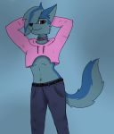  anthro belt black_nose blue_body blue_fur bluesky_the_fox blueskylewdfoxxo bottomwear brown_eyes canid canine clothing collar fox fur girly hair hair_over_eye hands_behind_head hi_res jeans looking_at_viewer male mammal midriff one_eye_obstructed pants pink_clothing pink_topwear smile solo standing topwear 