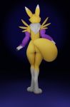  3d_(artwork) absurd_res anthro blue_eyes breasts canid claws dark_background digimon digimon_(species) digital_media_(artwork) female fur genitals hi_res looking_at_viewer mammal multicolored_body nipples nude paws purple_background purple_sleeves pussy renamon simple_background solo video_games waeverstan white_body white_fur yellow_body yellow_fur 