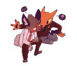  2018 4_fingers aggressive_retsuko anthro blush bodily_fluids canid canine clothed clothing duo fingers footwear fox gregg_lee haida hyaenid male male/male mammal night_in_the_woods sanrio shoes shy simple_background sitting spotted_hyena sweat thatredfurball video_games white_background 