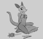  2020 anthro breasts clothing enginetrap female fur genitals grey_background greyscale head_tuft hi_res holding_breast mammal marsupial monochrome nude panties phalangeriform pillow pussy simple_background smile solo tuft underwear 