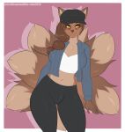  2020 anthro bottomwear bulge canid canine clothing crop_top fox gynomorph hat headgear headwear intersex jacket kitsunewaffles-chan mammal pants ryoko_(character) shirt solo topwear 