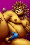  2020 anthro armpit_hair balls belly body_hair bulge clothing erection felid genitals hi_res humanoid_genitalia humanoid_hands humanoid_penis kemono lion male mammal moobs navel nipples noko_illust overweight overweight_male pantherine penis simple_background solo underwear 