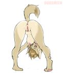  2020 5_fingers absurd_res anthro anus bent_over big_breasts biped black_nose blue_eyes blush breasts brown_body brown_fur brown_hair butt canid canine dipstick_ears dipstick_tail faizenek female fennec fingers flexible fox fur genitals hair happy hi_res light_fur looking_at_viewer looking_through_legs mammal multicolored_ears multicolored_tail nipple_piercing nipples nude pawpads piercing pink_nipples pink_pawpads pussy raised_tail simple_background smile solo tan_body tan_fur white_background 