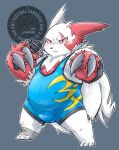  2020 anthro belly blush bulge fur kemono male nintendo overweight overweight_male pok&eacute;mon pok&eacute;mon_(species) red_body red_fur roostax_wilddog simple_background solo text video_games white_body white_fur wrestling_singlet zangoose zangoose_day 
