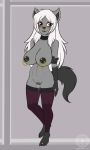  2019 5_toes anthro areola big_breasts black_areola black_body black_fur black_nipples blush bodily_fluids breasts claws digit_ring eyebrows facial_piercing fangs feet female fur genital_fluids genitals grey_body grey_fur hair hi_res jewelry kalyzanna long_hair mightyena mostly_nude nintendo nipple_piercing nipple_ring nipples nose_piercing nose_ring piercing pok&eacute;mon pok&eacute;mon_(species) pussy pussy_juice ring solo standing tanukiarts toe_ring toes video_games white_eyebrows white_hair 