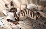  2020 5_fingers ambiguous_gender anthro bed black_nose fingers flashw furniture hair hyaenid mammal on_bed solo striped_hyena white_hair 