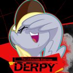  atlus blonde_mane clothing derpy_hooves_(mlp) edit equid equine female feral friendship_is_magic hat headgear headwear hi_res hitsuji horse laugh mammal mane megami_tensei megami_tensei_persona my_little_pony solo text video_games 