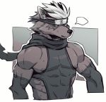  2020 accessory anthro bodily_fluids canid canine canis clothing domestic_dog half-length_portrait headband male mammal monochrome muscular muscular_male nipples portrait scarf shirt simple_background solo sunspotfish sweat tadatomo tank_top tight_clothing tokyo_afterschool_summoners topwear video_games white_background 