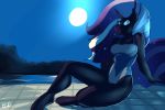  anthro anthrofied black_body black_fur blue_hair bluecoffeedog clothing cosmic_hair equid ethereal_hair female friendship_is_magic full_moon fur hair hi_res hooves horn idw_publishing looking_at_viewer mammal moon my_little_pony my_little_pony_(idw) nightmare_rarity_(idw) one-piece_swimsuit pinup pose pseudo_hair rarity_(mlp) sitting solo swimming_pool swimwear unicorn 
