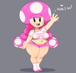  &lt;3 blush breasts clothed clothing dialogue english_text female grey_background hair hi_res humanoid looking_at_viewer mammal mario_bros nintendo not_furry open_mouth pink_hair simple_background smile solo somescrub standing teeth text thick_thighs toad_(mario) toadette tongue video_games wave wide_hips 