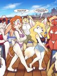  2019 3:4 anthro beach being_watched bikini black_eyes blonde_hair blush boardwalk bottomwear breasts brown_body brown_eyes brown_fur brown_hair building canid canine city claws cleavage clothed clothing cougar crop_top crossed_arms dialogue embarrassed english_text eyewear felid feline female fennec fox fur glasses green_eyes group hair hi_res jonas lagomorph leporid looking_at_another male mammal mouse murid murine nipples orange_body orange_fur outside patreon pawpads penny_fenmore phone public rabbit red_body red_fur red_hair rodent seaside shirt shorts speech_bubble sunglasses swimwear tammy_connelly text toes topwear yellow_body yellow_eyes yellow_fur 