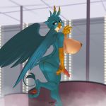  1:1 2019 alternate_version_at_source anthro areola avian beak big_breasts blue_eyes breasts butt clothing crossgender digital_media_(artwork) feathered_wings feathers friendship_is_magic gallus_(mlp) genitals gryphon gynomorph huge_breasts intersex kevinsano looking_at_viewer looking_back my_little_pony mythological_avian mythology nipples open_beak open_mouth penis signature solo wings yellow_beak 