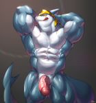  2018 abs anthro biceps bodily_fluids fish genitals hi_res humanoid_genitalia humanoid_penis licking licking_lips looking_at_viewer male marine muscular muscular_male nude penis shark solo sweat tongue tongue_out vorusuarts 
