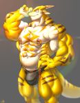  anthro bodily_fluids bulge dragon eyewear glasses hi_res male muscular nipple_piercing nipples piercing scalie simple_background solo sweat vorusuarts 