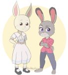  2020 anthro barefoot beastars clothing crossed_arms disney dress duo female fur grey_body grey_fur haru_(beastars) hi_res judy_hopps lagomorph leporid mammal purple_eyes rabbit smile standing tan_body tan_fur wildepoison zootopia 