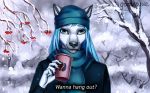  2020 5_fingers anthro beverage blue_hair canid canine canis clothed clothing coffee detailed_background digital_media_(artwork) domestic_dog female fingers fur goatesque green_eyes hair hi_res long_hair looking_at_viewer mammal smile solo text white_body white_fur winter winter_hat 