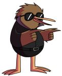  anonymous_artist anthro avian beak bird black_clothing brown_body brown_feathers clothing eyewear feathers finger_gun gesture kiwi_(bird) looking_aside male pointing ratite simple_background smile solo sunglasses 