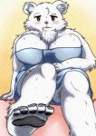 2020 5_toes anthro arm_tuft barefoot big_breasts black_pawpads blush breasts chest_tuft claws elbow_tufts feet female front_view fur fur_tuft hi_res ice_(ishuzoku_reviewers) inner_ear_fluff ishuzoku_reviewers looking_at_viewer mako_030201 mammal monotone_ears pawpads polar_bear soles solo toe_claws toes towel towel_only tuft ursid ursine white_ears 