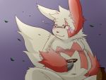  2011 anthro belly blush eyewear fluffy fluffy_tail fur glasses kemono levan_zan navel nintendo overweight pok&eacute;mon pok&eacute;mon_(species) purple_background red_body red_fur simple_background sitting smile solo video_games white_body white_fur yellow_eyes zangoose zangoose_day 