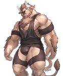  2020 5_fingers anthro arm_hair armband beard big_muscles blue_eyes body_hair bovid bovine brown_body brown_fur brown_hair brown_nose bulge cattle chest_hair clothing crotchless_clothing ear_piercing ear_ring facial_hair fingers fur hair hi_res horn kamyuelo male mammal muscular muscular_male nipples pecs piercing pink_nipples shirt simple_background solo standing tank_top topwear underwear white_background white_horn 