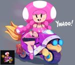  bent_over big_butt breasts butt cleavage clothed clothing english_text female grey_background hair hi_res humanoid looking_at_viewer mammal mario_bros mario_kart motorcycle nintendo not_furry open_mouth pink_hair simple_background sitting smile solo somescrub teeth text thick_thighs toad_(mario) toadette tongue vehicle video_games wide_hips 