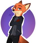 2019 anthro canid canine cheek_tuft clothed clothing crossed_arms disney facial_tuft fox fully_clothed fur green_eyes hi_res looking_at_viewer male mammal neck_tuft nick_wilde orange_body orange_fur red_fox simple_background smile solo tuft wildepoison zootopia 