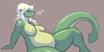  anthro belly big_belly big_breasts blonde_hair breasts dragon female green_body hair hi_res looking_at_viewer misterhinotori navel nipples outie_navel simple_background slightly_chubby solo sophie_(shyguy9) thick_tail 
